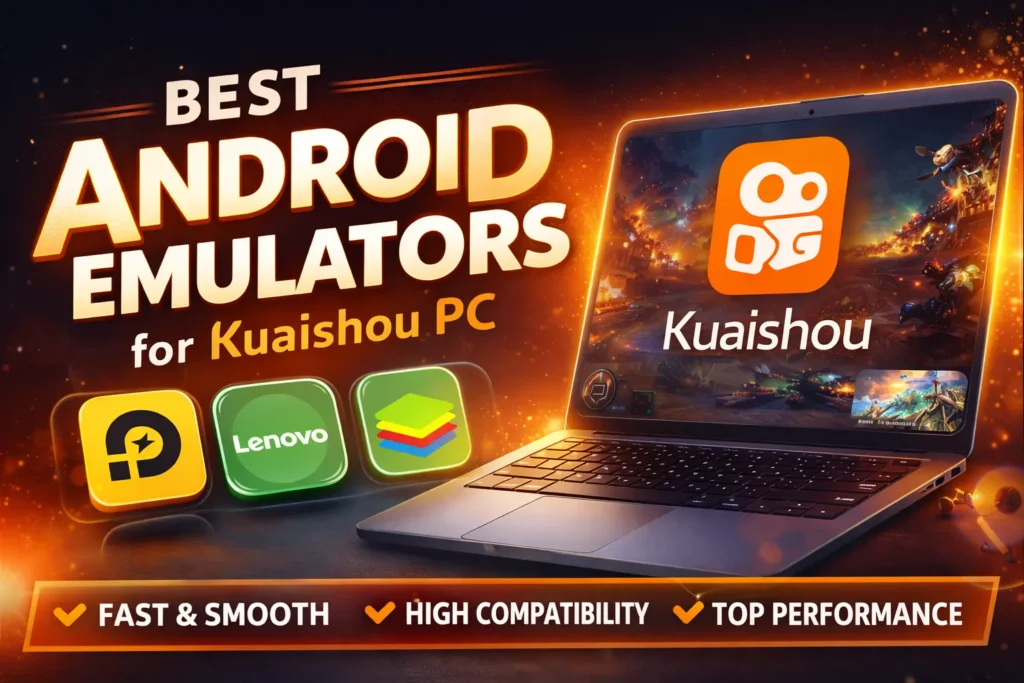 Best Android emulators for Kuaishou on PC, shown in a bright orange promotional graphic with a laptop displaying the Kuaishou app, alongside emulator and Lenovo icons, highlighting fast performance, smooth operation, and high compatibility.