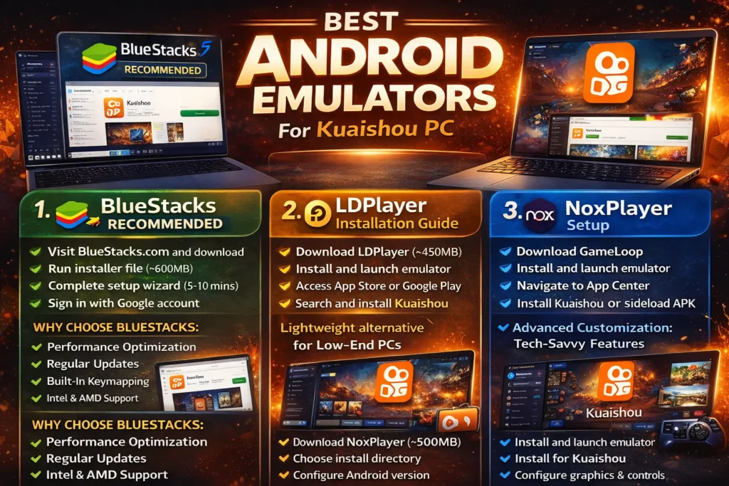Infographic showing best Android emulators for Kuaishou PC, featuring BlueStacks, LDPlayer, and NoxPlayer with step-by-step installation guides, performance features, and setup instructions on laptops.