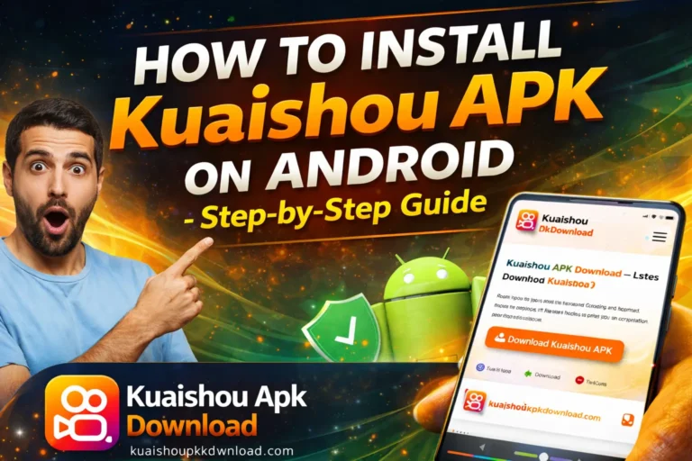 How to install Kuaishou APK on Android step-by-step guide banner showing a surprised man pointing at text, Android mascot with shield icon, and a smartphone displaying the Kuaishou APK download page.
