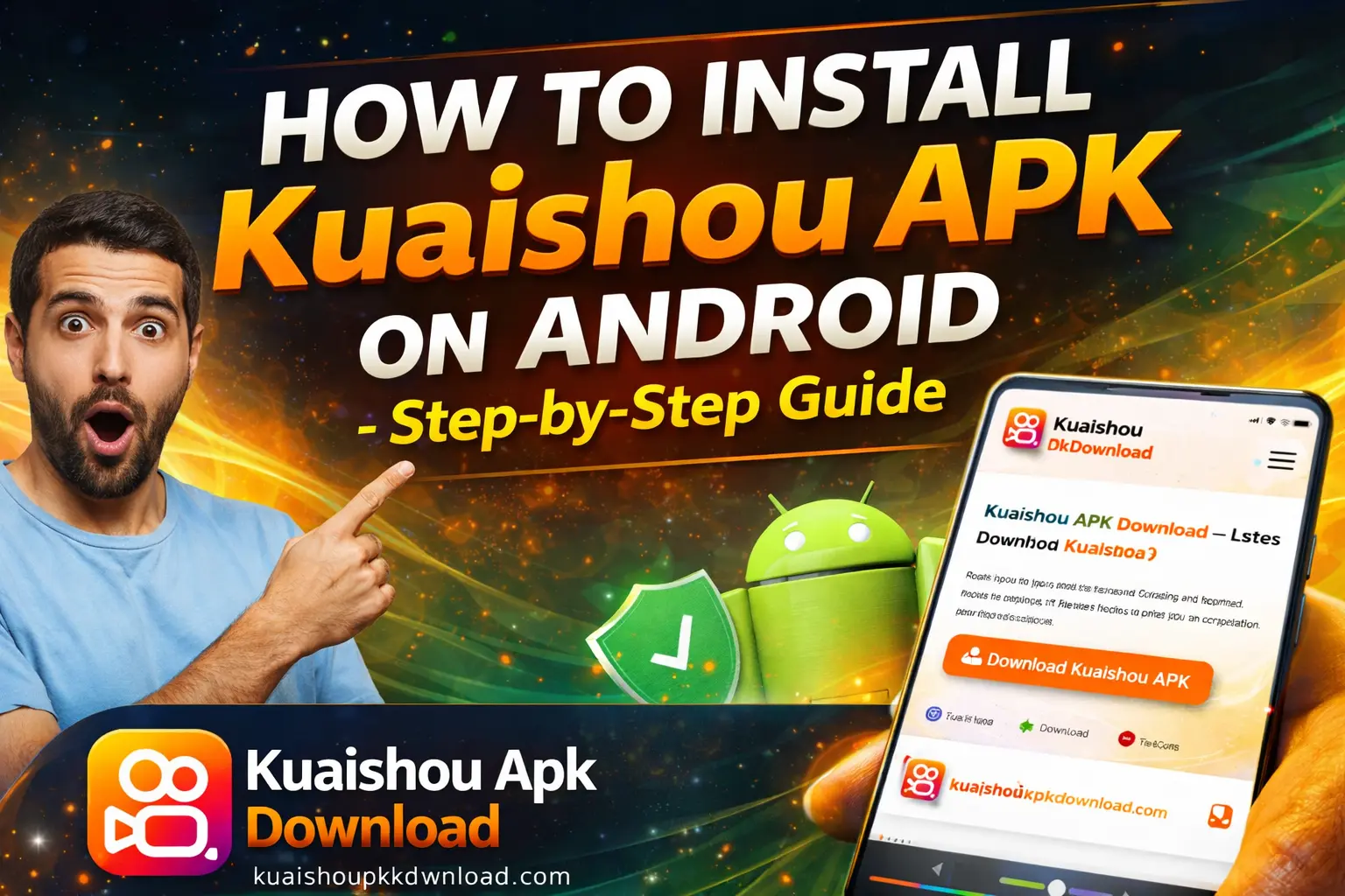 How to install Kuaishou APK on Android step-by-step guide banner showing a surprised man pointing at text, Android mascot with shield icon, and a smartphone displaying the Kuaishou APK download page.
