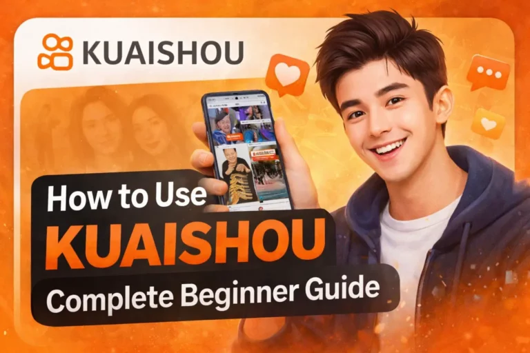 Promotional graphic for Kuaishou app showing a smiling young person holding a smartphone with the Kuaishou interface, text reads ‘How to Use Kuaishou – Complete Beginner Guide’ on an orange background.