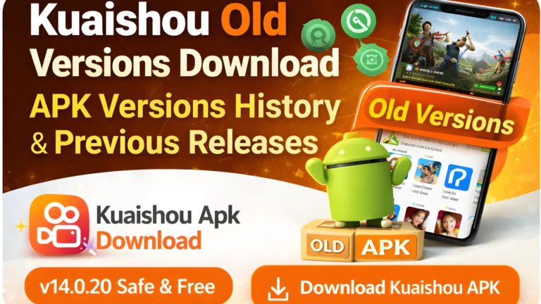 Kuaishou old versions APK download banner showing APK version history, previous releases, and Android download button