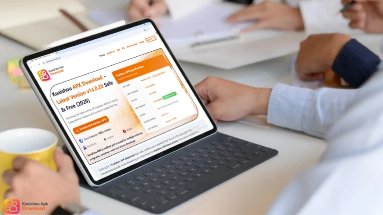 A person using a tablet with a keyboard attachment in an office setting. The screen displays a website titled "Kuaishou APK Download," showing technical specifications for the app version v14.0.20 and a prominent orange download button.