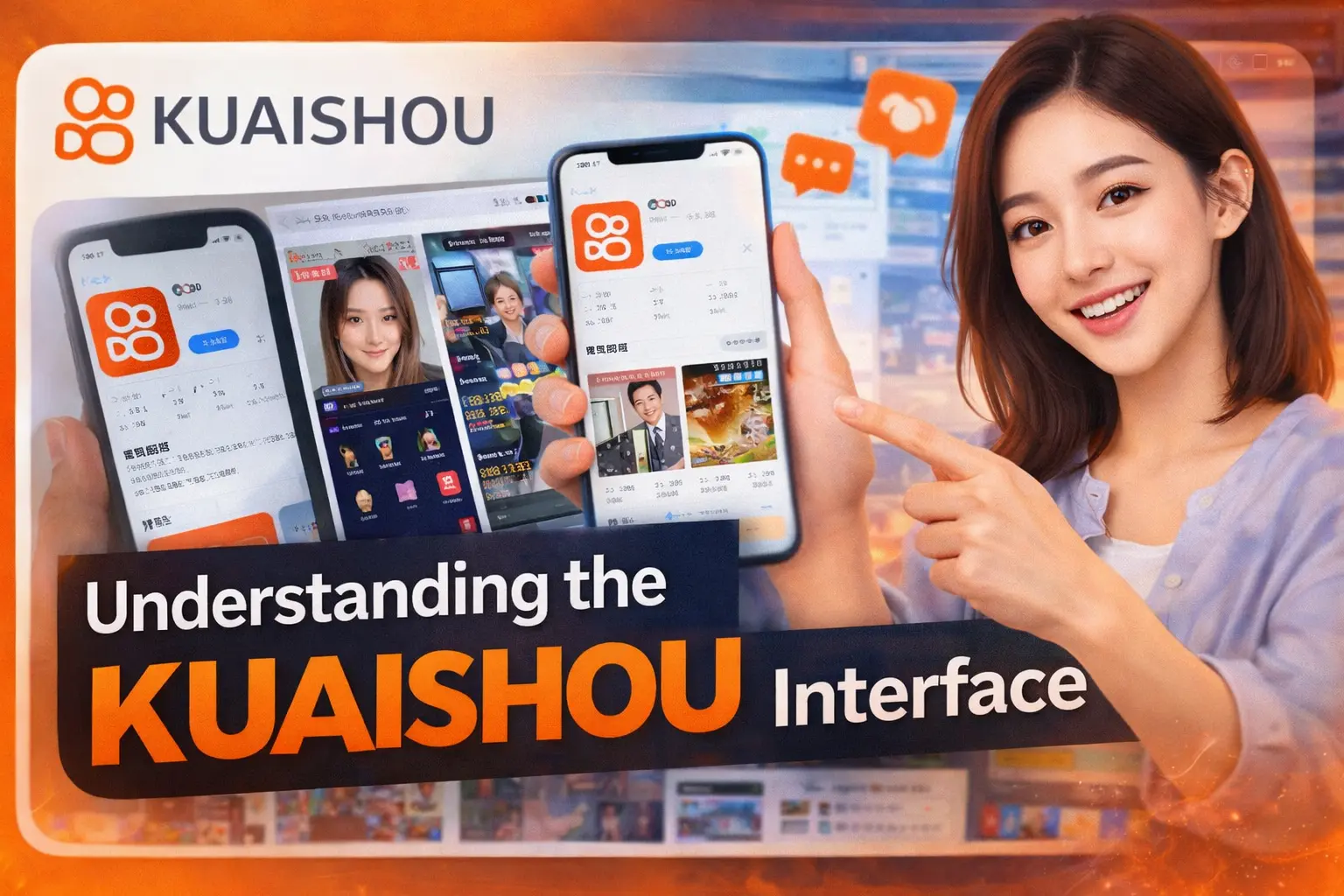 Tutorial banner explaining the Kuaishou interface, featuring a smiling woman pointing at a smartphone displaying the Kuaishou app screens, with text reading ‘Understanding the Kuaishou Interface.’