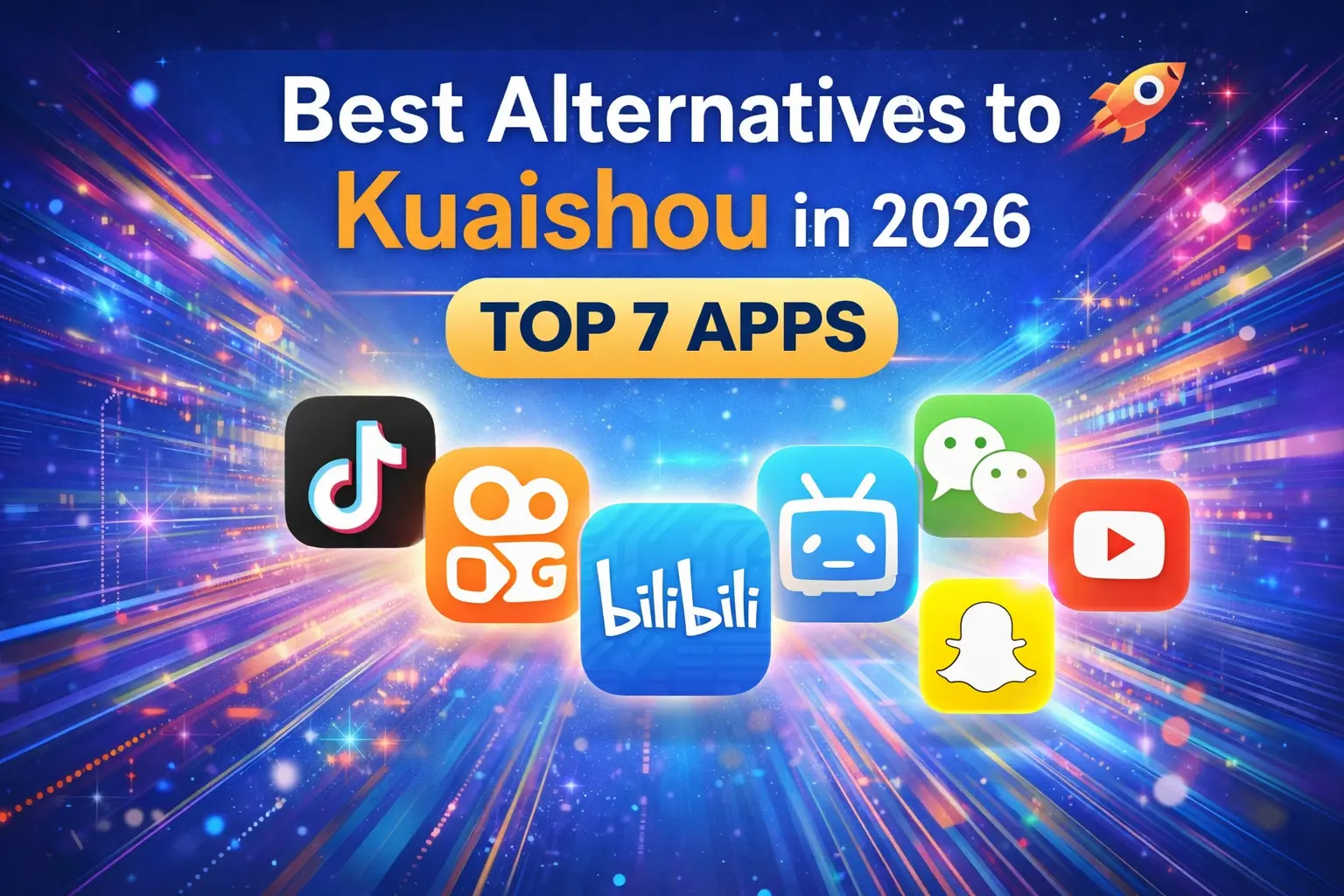 Infographic showing the top 7 alternatives to Kuaishou in 2026, featuring icons for TikTok, Douyin, Bilibili, Xiaohongshu, WeChat, Snapchat, and YouTube against a high-speed digital background.