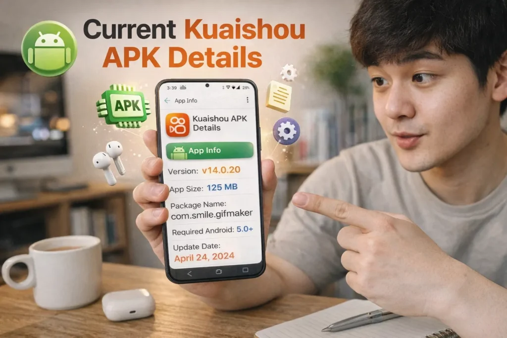 Man pointing at smartphone screen showing Kuaishou APK details including version, file size, package name, and Android requirements.