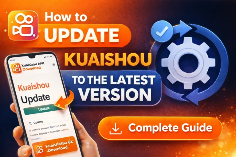 How to update Kuaishou to the latest version complete guide banner with smartphone showing update button, download icon, and settings gear graphic.