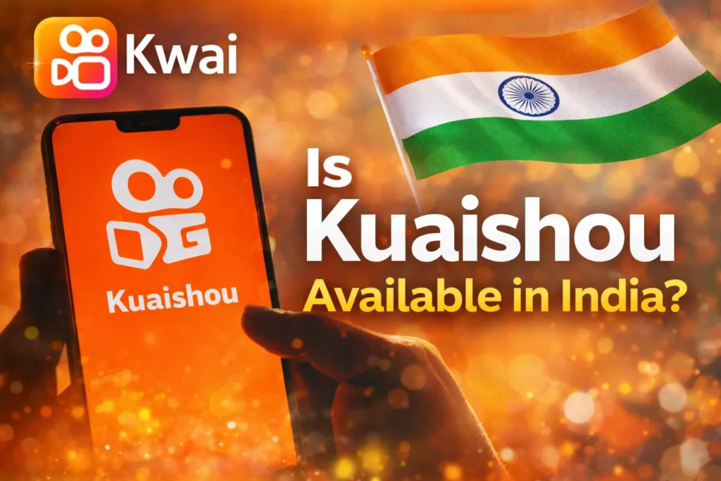 A promotional graphic asking 'Is Kuaishou Available in India?' featuring a smartphone displaying the Kuaishou logo, the Indian national flag, and a warm bokeh background.