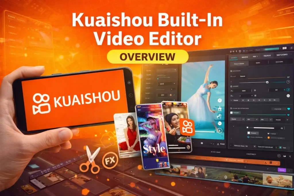 Kuaishou built-in video editor overview banner showing a smartphone with the Kuaishou logo, desktop editing interface, video timeline, FX icon, scissors symbol, and short-form video previews.