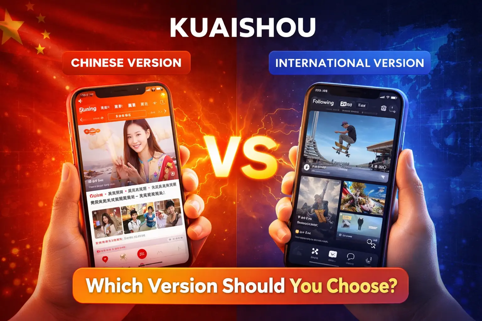 Kuaishou Chinese version vs International version comparison showing two smartphones side by side with different app interfaces and the text “Which Version Should You Choose?”