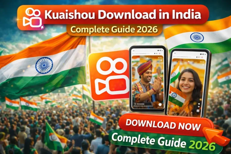 Promotional graphic for a 2026 Kuaishou download guide in India, featuring the Kuaishou logo, smartphones showing Indian creators, and a crowd waving Indian flags.