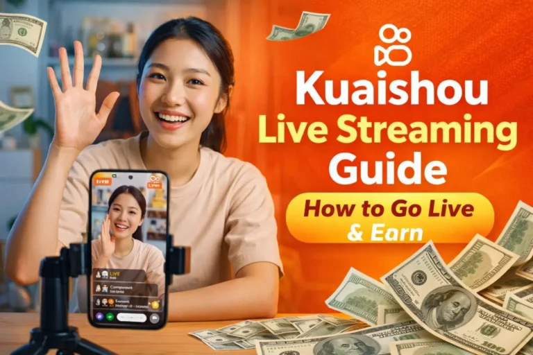 Smiling young woman waving at a smartphone on a tripod while live streaming, with on-screen “LIVE” interface visible. Bright orange background with text reading “Kuaishou Live Streaming Guide – How to Go Live & Earn,” and floating US dollar bills around her, suggesting earning money through live streaming.
