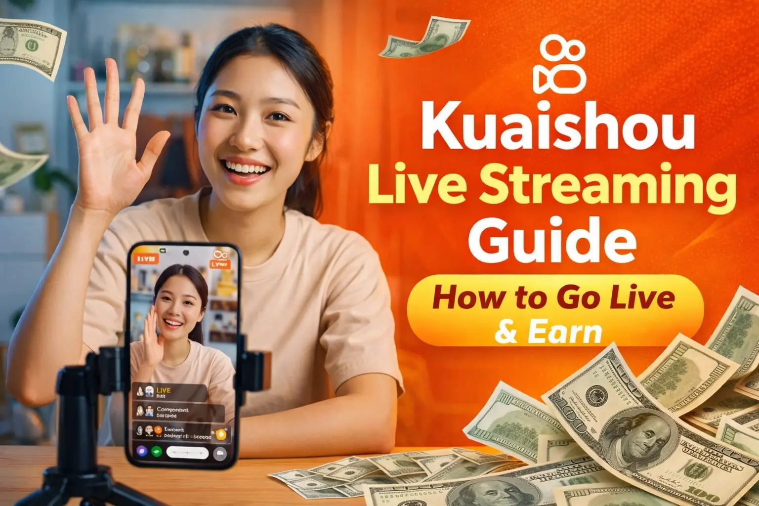 Smiling young woman waving at a smartphone on a tripod while live streaming, with on-screen “LIVE” interface visible. Bright orange background with text reading “Kuaishou Live Streaming Guide – How to Go Live & Earn,” and floating US dollar bills around her, suggesting earning money through live streaming.