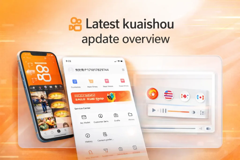 “Latest Kuaishou app update overview showing multiple smartphone screens with the Kuaishou interface, including short-video feed, user dashboard, Kuaishou Shop features, and media controls on an orange gradient background with the Kuaishou logo.