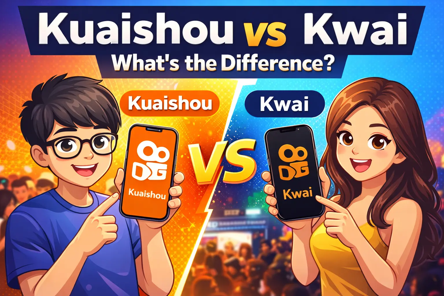 Illustration comparing Kuaishou vs Kwai apps, showing two cartoon characters holding smartphones with Kuaishou and Kwai logos and the text ‘What’s the Difference?