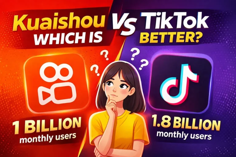 A colorful comparison graphic showing Kuaishou vs TikTok. On the left, a red–orange panel with the Kuaishou logo reads “Which is better?” and “1 billion monthly users.” On the right, a purple–blue panel with the TikTok logo reads “Better?” and “1.8 billion monthly users.” In the center, an illustrated young woman in a yellow shirt looks thoughtful with question marks around her head, visually weighing the two platforms.