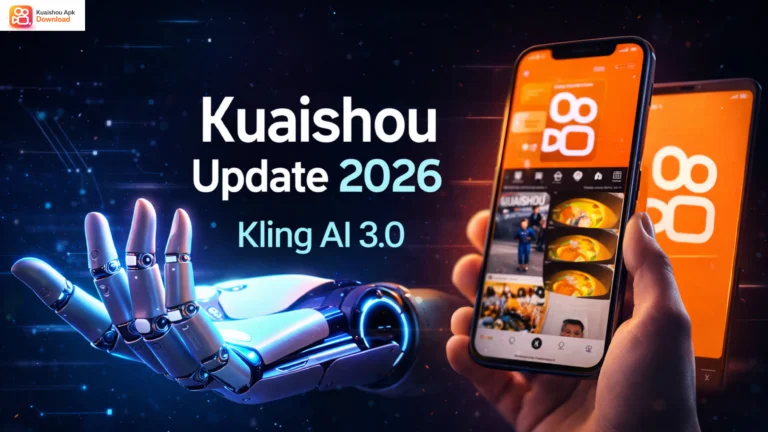 Kuaishou app update 2026 featuring Kling AI 3.0, shown on a smartphone screen with the Kuaishou logo, short-video feed interface, and a futuristic robotic hand reaching toward the phone on a dark tech-themed background.