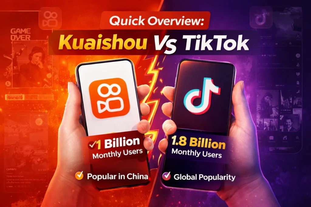 Side-by-side comparison graphic of Kuaishou vs TikTok showing two smartphones held in hands. The left phone displays the Kuaishou logo with text “1 billion monthly users” and “Popular in China.” The right phone displays the TikTok logo with text “1.8 billion monthly users” and “Global popularity,” highlighting differences between the two short-video platforms.