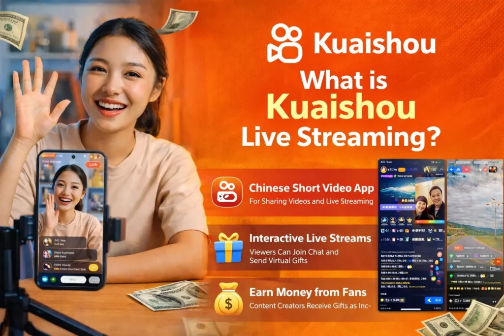 Smiling young woman live streaming on Kuaishou using a smartphone on a tripod, with bright orange background text reading “What is Kuaishou Live Streaming?” The image highlights features like interactive live streams, virtual gifts, and earning money from fans, with dollar bills shown to represent monetization.