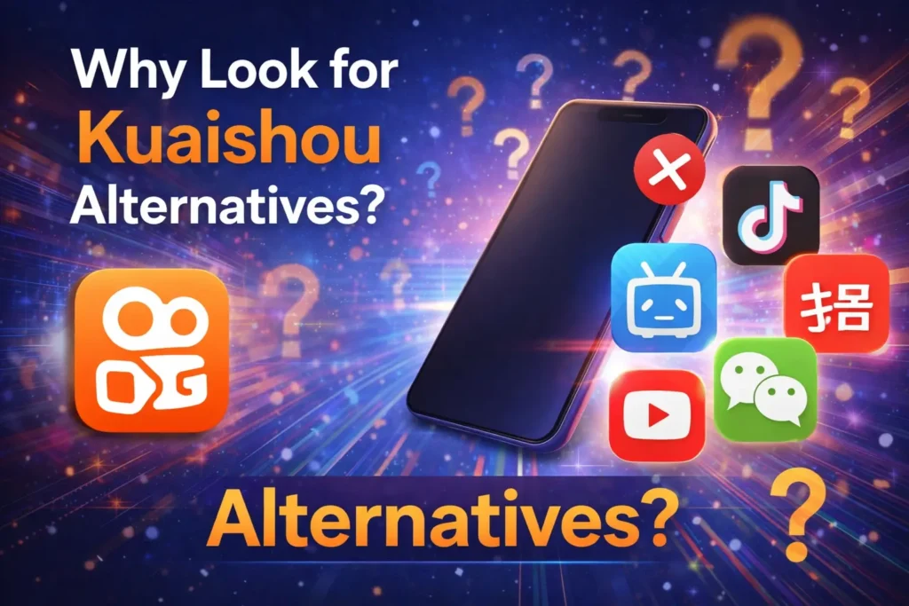Infographic posing the question 'Why Look for Kuaishou Alternatives?' featuring a smartphone surrounded by social media app icons like TikTok, YouTube, and WeChat against a cosmic digital background.