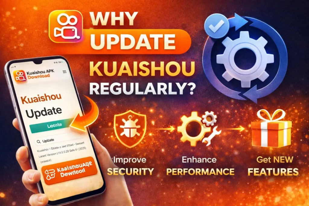 Why update Kuaishou regularly graphic showing smartphone with update button, security shield, performance gear icon, and new features gift illustration.