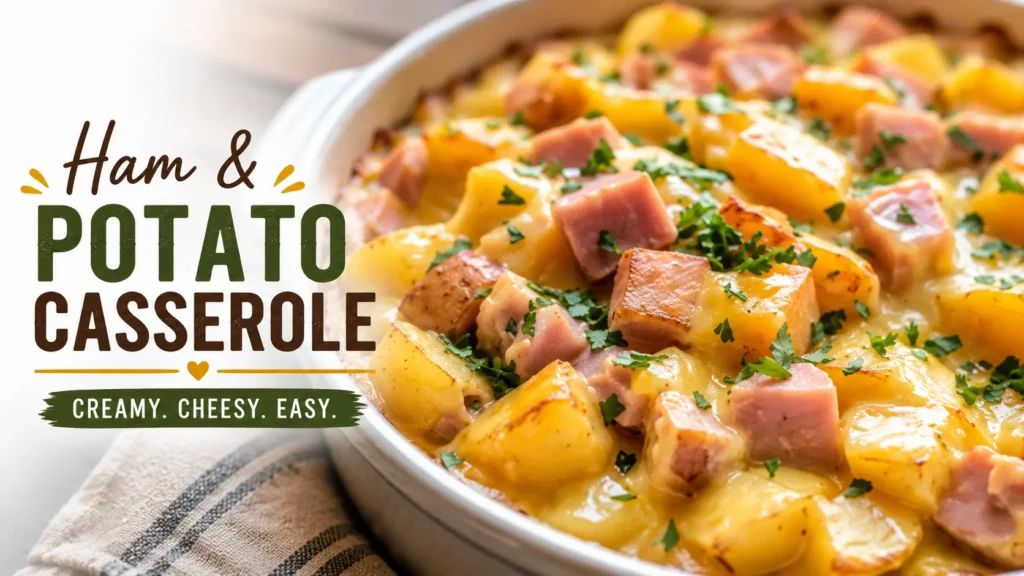 Creamy ham and cheddar potato casserole baked until golden and bubbly