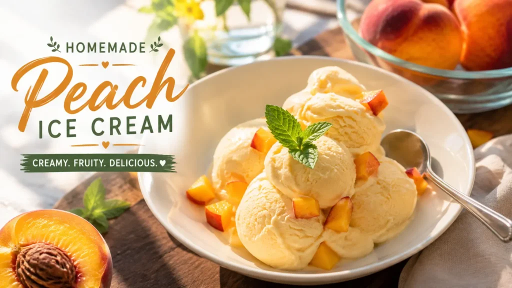 Creamy homemade peach ice cream made with fresh ripe peaches