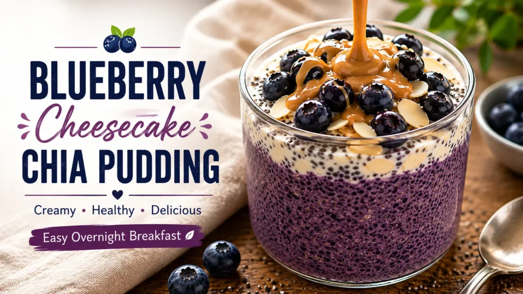 Blueberry chia pudding topped with fresh blueberries, creamy yogurt, and a drizzle of peanut butter in a clear glass.