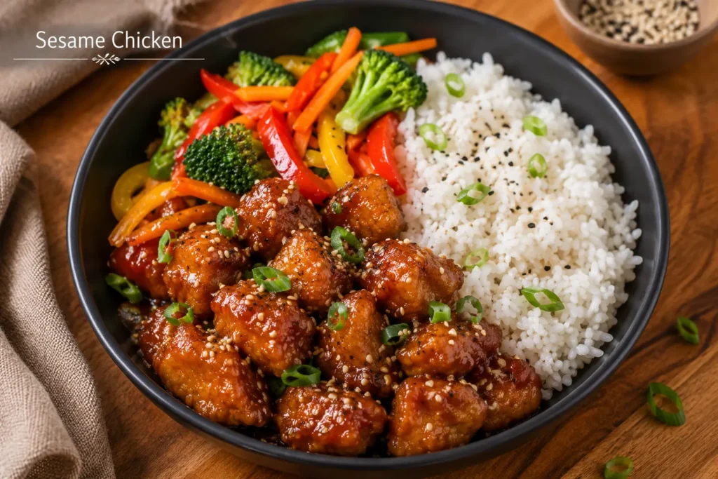 Miso sesame chicken bowl with glazed chicken, white rice, fresh vegetables, and sesame garnish.