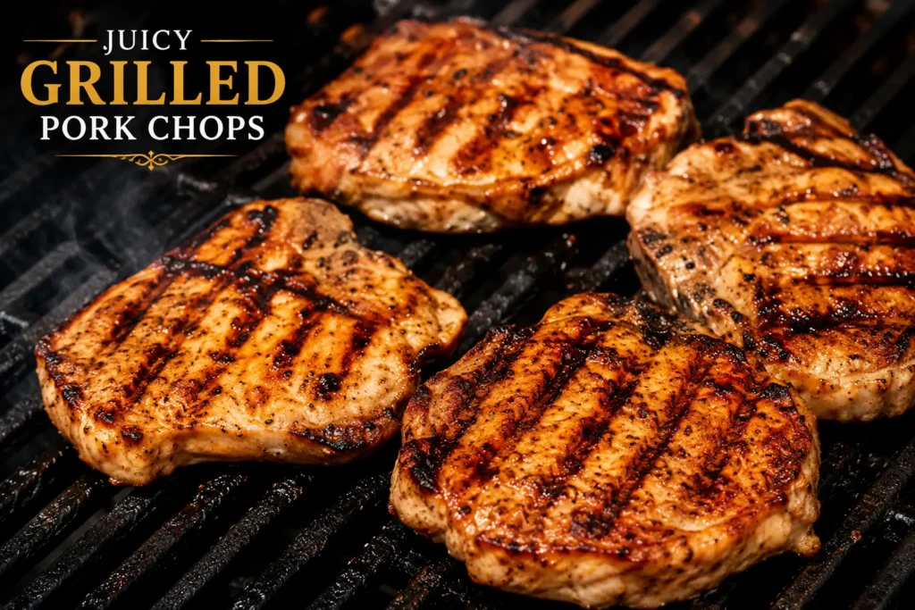 Juicy grilled pork chops with smoky grill marks and a glossy barbecue glaze served on a plate.