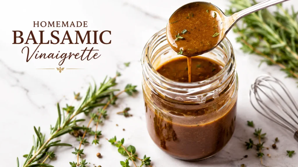 Homemade balsamic vinaigrette in a glass jar with a rich dark color and fresh herbs nearby.
