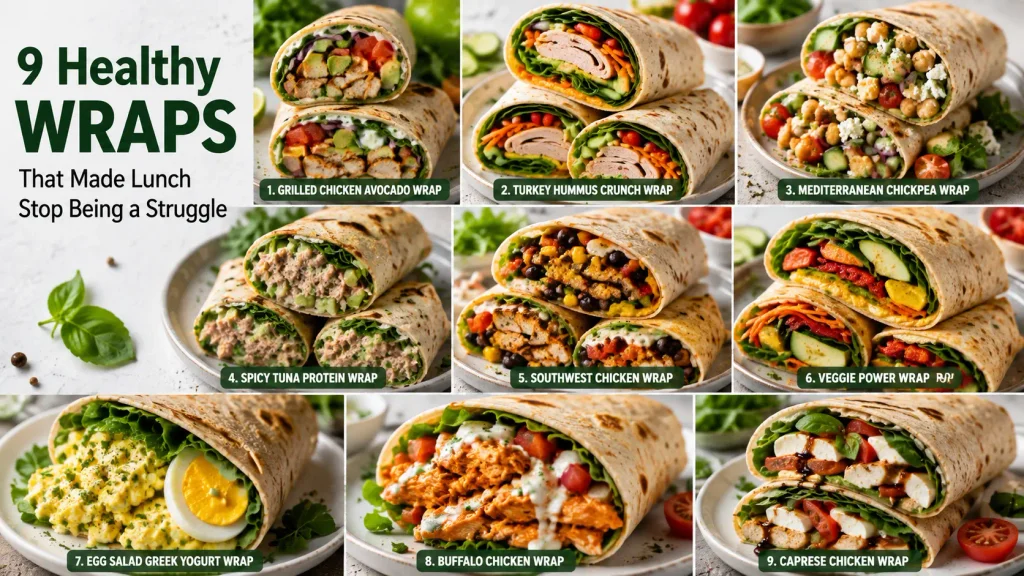 9 healthy high protein wraps filled with chicken, turkey, tuna, eggs, chickpeas, hummus, and fresh vegetables.