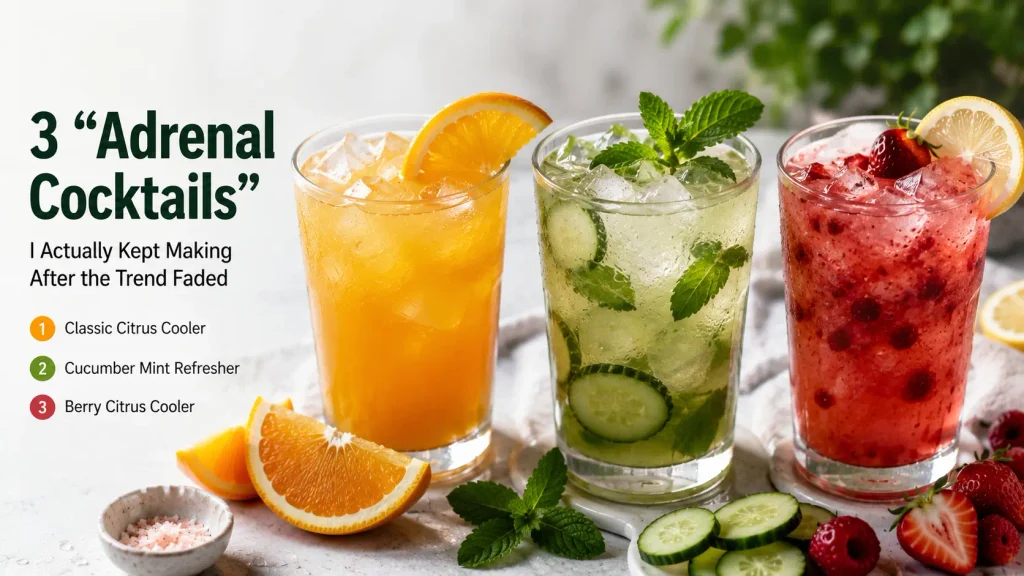 Three refreshing adrenal cocktail drinks made with citrus, coconut water, cucumber, mint, and strawberries.
