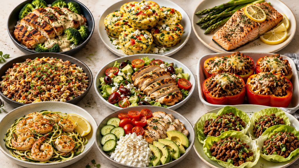 9 high protein low carb meals featuring chicken, salmon, beef, eggs, shrimp, turkey, and fresh vegetables.